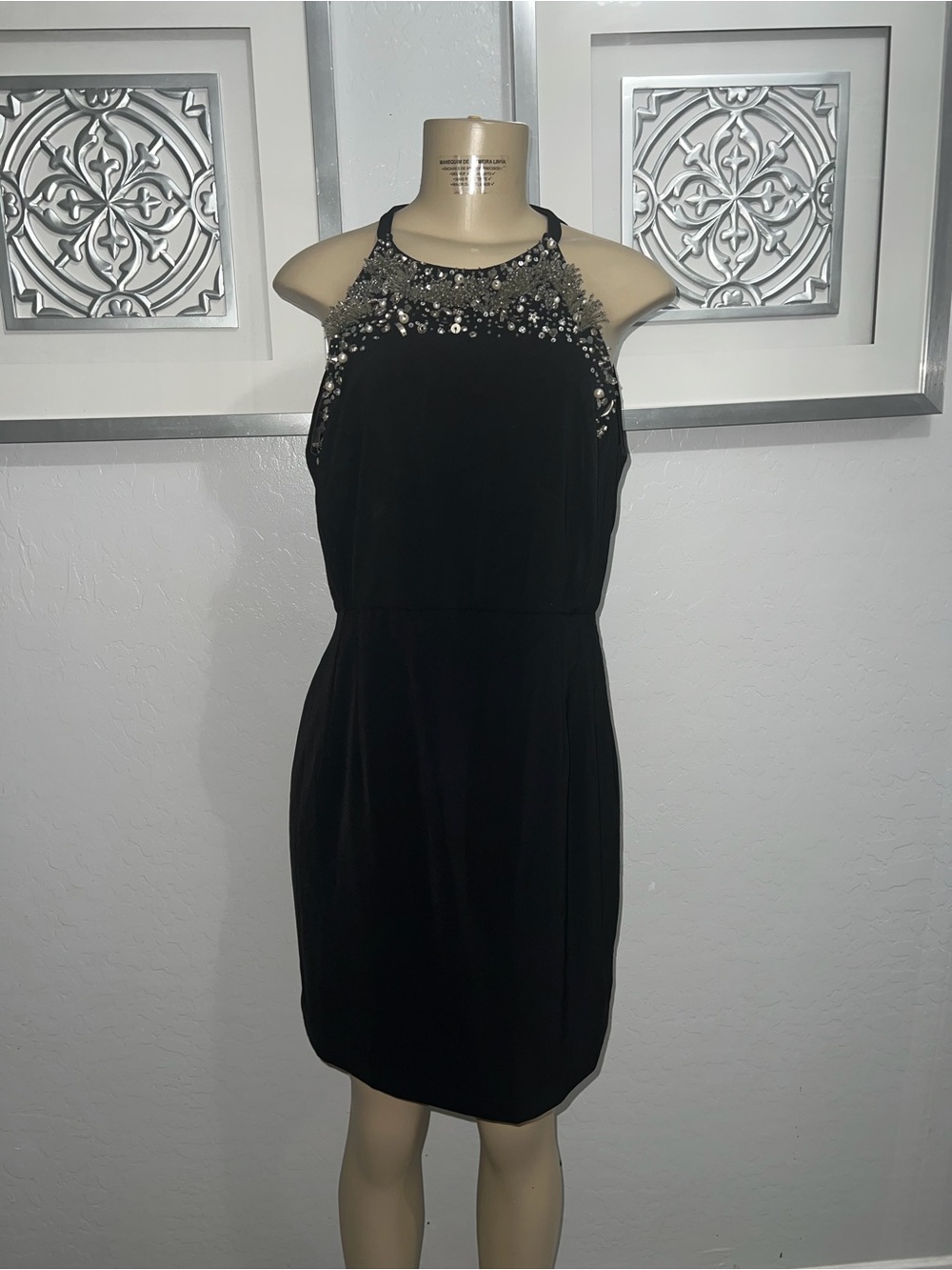 French Connection Black Embellished Halter Mini Dress